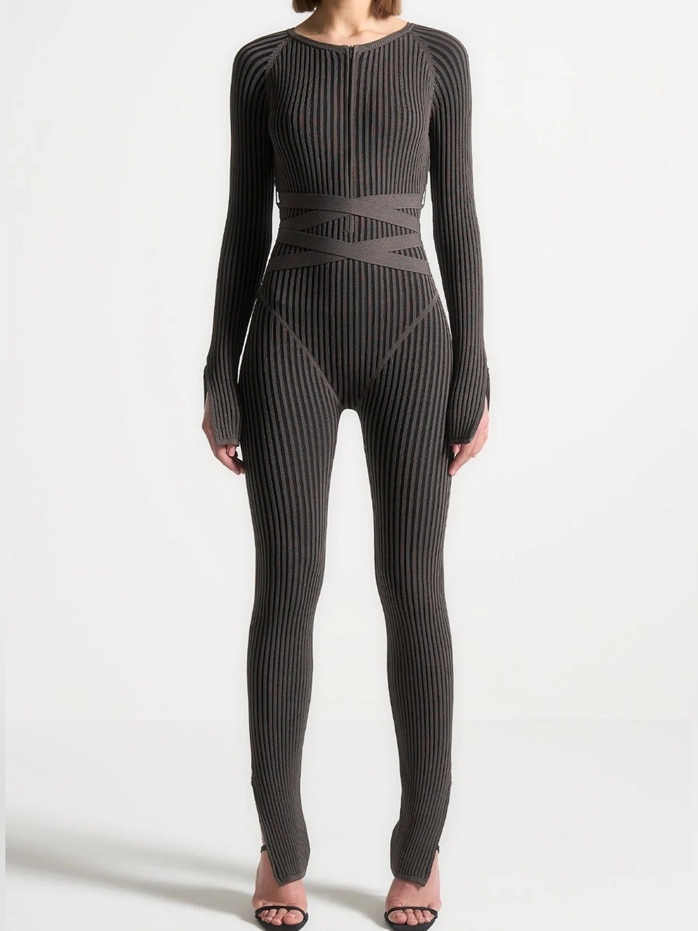 Maniere De Voir Knitted Two Tone Jumpsuit Without Belt - Grey/ Black Size Large